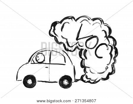 Black Brush And Ink Artistic Rough Hand Drawing Of Smoke Coming From Car Exhaust Into Air. Environme