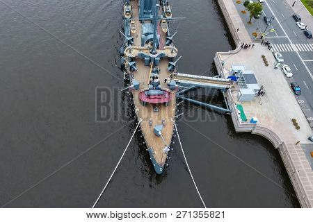 Pererburg, Russia - May 29, 2018: Cruiser Aurora In The River Neu, The City Of St.petersburg. Open T