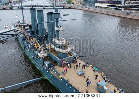 Pererburg, Russia - May 29, 2018: Cruiser Aurora In The River Neu, The City Of St.petersburg. Open T