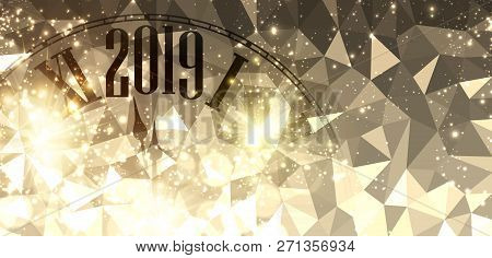 Golden Shiny Happy New Year 2019 Mosaic Banner With Blurred Cloc
