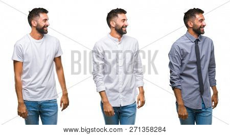 Collage of handsome young indian man over isolated background shouting and screaming loud to side with hand on mouth. Communication concept.