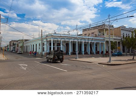 Cienfuegos, Cuba - January 28,2017: Typical Colonial Street  In Cienfuegos. Cienfuegos, Capital Of C