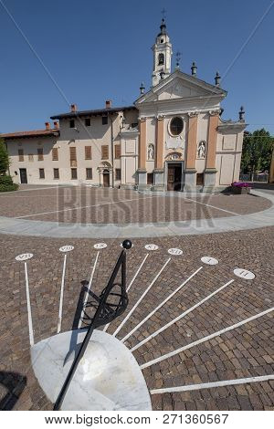 San Pietro Del Gallo, Cuneo, Piedmont, Italy, Exterior Of The Historic Church And Sundial