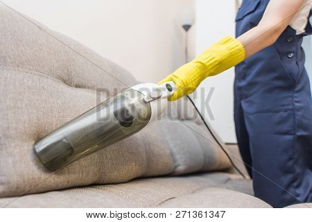 Cleaning Service With Professional Equipment During Work. Professiona Carpet Dry Cleaning, Sofa Dry 