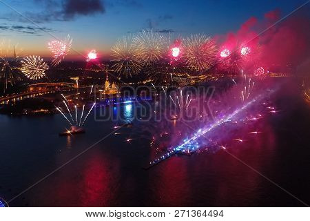 Salute Scarlet Sails. The Festive Salute Is Grandiose. Fireworks Pyrotechnics.