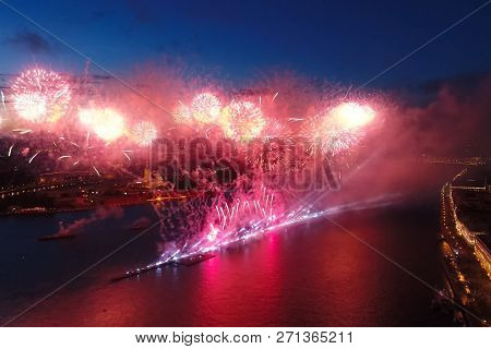 Salute Scarlet Sails. The Festive Salute Is Grandiose. Fireworks Pyrotechnics.