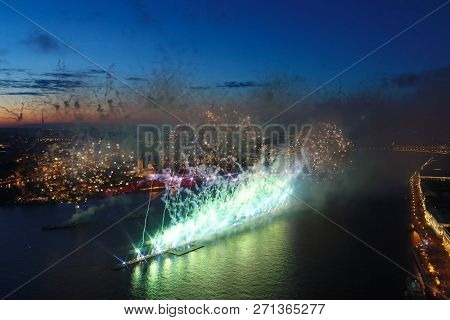 Salute Scarlet Sails. The Festive Salute Is Grandiose. Fireworks Pyrotechnics.