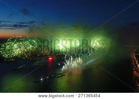 Salute Scarlet Sails. The Festive Salute Is Grandiose. Fireworks Pyrotechnics.