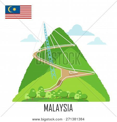 Landmark Of  Langkawi, Malaysia. Sky Bridge And Malaysian Flag Background. Vector Illustration