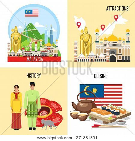 Malaysia Banner Set With Malasian Sights, Features, History. Infographic With Symbols. Travel And To
