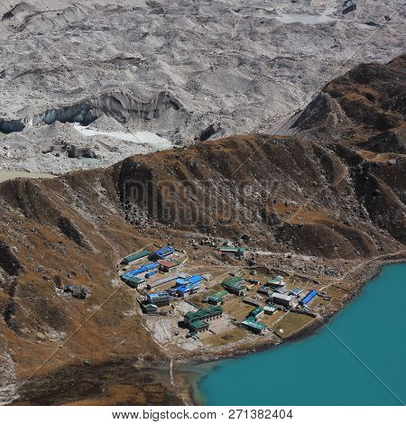 Travel Destination In The Everest National Park, Nepal. Ngozumpa Glacier And Lodges In Gokyo.