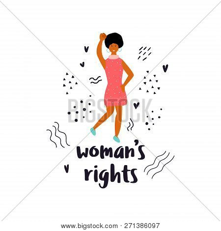 Vector Illustration Of Protesting Young Black Woma Holding A Banner Let Equality Bloom. Hand Drawn I