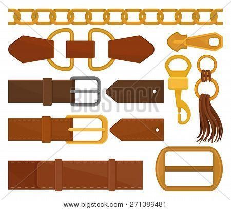 Flat Vector Set Of Different Belt Elements. Trendy Leather Waistbands, Golden Chain, Zipper Pull. Fa