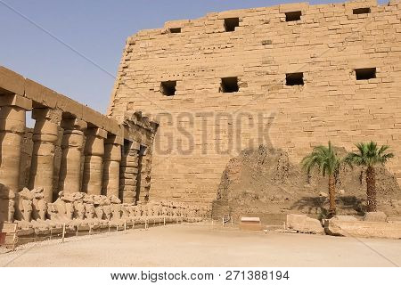 Buildings And Columns Of Ancient Egyptian Megaliths. Ancient Ruins Of Egyptian Buildings