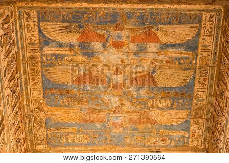 Egyptian Hieroglyphs And Drawings On The Walls And Columns. Egyptian Language, The Life Of Ancient G