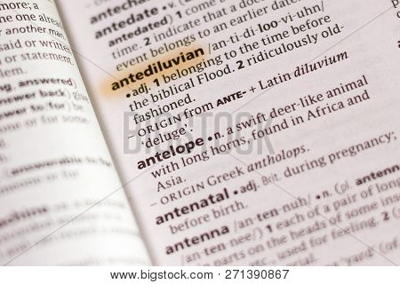 The Word Or Phrase Antediluvian In A Dictionary Highlighted With Marker.
