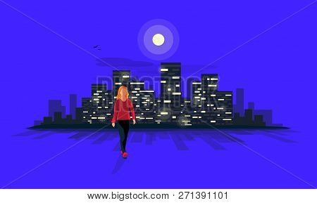 Vector Illustration Of A Young Woman Silhouette Walking On A Street At Night With Dark Urban Lanscap