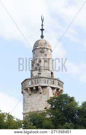 The Minaret Of Caliph Omar Mosque Is Located Near Hurva Synagogue In Old City Of Jerusalem, Israel