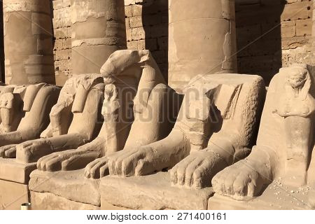 Buildings And Columns Of Ancient Egyptian Megaliths. Ancient Ruins Of Egyptian Buildings
