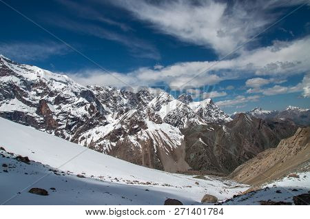 Very High Mountains In Central Asia, Tajikistan, During Drekking And Climbing