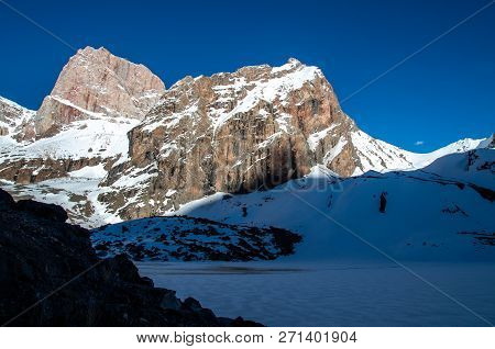Very High Mountains In Central Asia, Tajikistan, During Drekking And Climbing