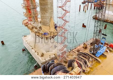 Construction Of The Bridge. Engineering Facilities For The Construction Of A Railway And Automobile 