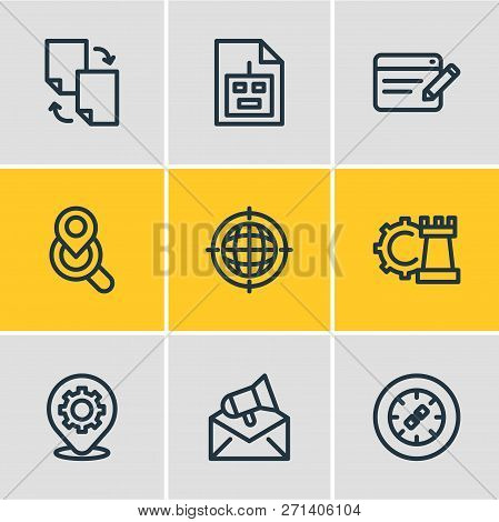 Vector Illustration Of 9 Advertisement Icons Line Style. Editable Set Of Local Search, Place Optimiz