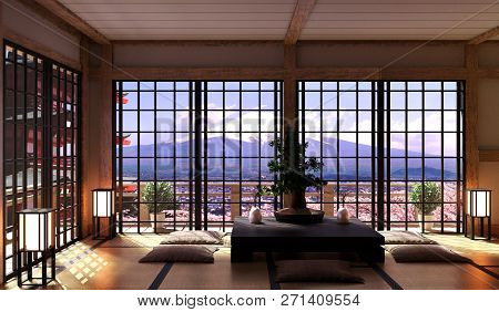 Japanese Living Room Interior In Living Room Minimal Design, Bonsai, Low Table On Floor Tatami Mat, 