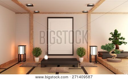 Japanese Living Room With Lamp, Frame, Black Low Table And Bonsai In Room White Wall On Floor Tatami