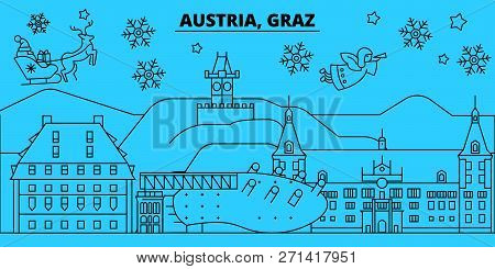 Austria, Graz Winter Holidays Skyline. Merry Christmas, Happy New Year Decorated Banner With Santa C