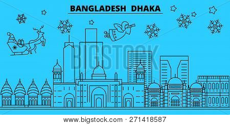Bangladesh, Dhaka Winter Holidays Skyline. Merry Christmas, Happy New Year Decorated Banner With San