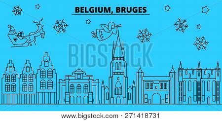 Belgium, Bruges Winter Holidays Skyline. Merry Christmas, Happy New Year Decorated Banner With Santa