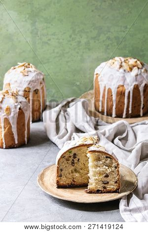 Set Of Traditional Russian And Ukrainian Easter Cake Kulich Paska Bread Glazed With Almond, Whole An