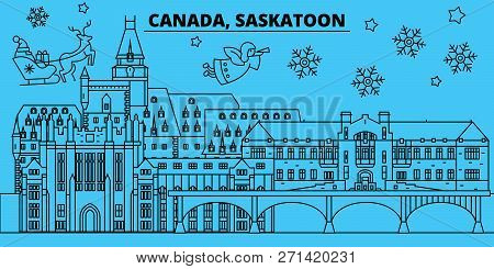 Canada, Saskatoon Winter Holidays Skyline. Merry Christmas, Happy New Year Decorated Banner With San
