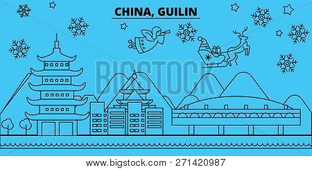 China, Guilin Winter Holidays Skyline. Merry Christmas, Happy New Year Decorated Banner With Santa C