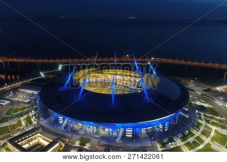 Moscow, Russia - May 11, 2017: Stadium Zenith Arena At Night. Illuminated By Multi-colored Lights Th