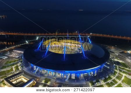 Moscow, Russia - May 11, 2017: Stadium Zenith Arena At Night. Illuminated By Multi-colored Lights Th