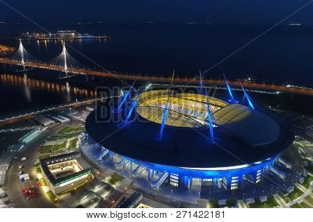 Moscow, Russia - May 11, 2017: Stadium Zenith Arena At Night. Illuminated By Multi-colored Lights Th