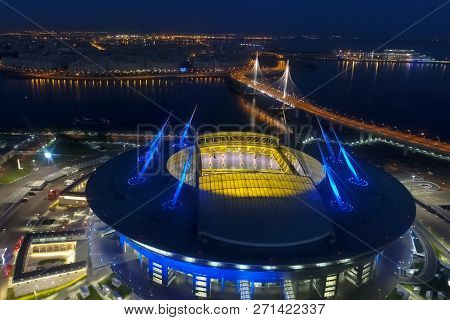 Moscow, Russia - May 11, 2017: Stadium Zenith Arena At Night. Illuminated By Multi-colored Lights Th