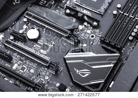 Uzhgorod, Ukraine - October 24, 2018: Box Of Motherboard Asus Rog Crosshair Vii Hero On White Backgr