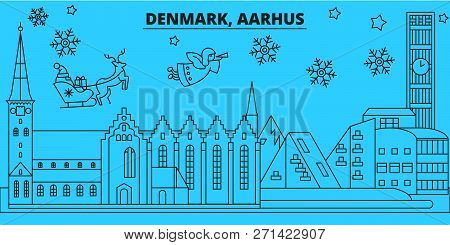 Denmark, Aarhus Winter Holidays Skyline. Merry Christmas, Happy New Year Decorated Banner With Santa