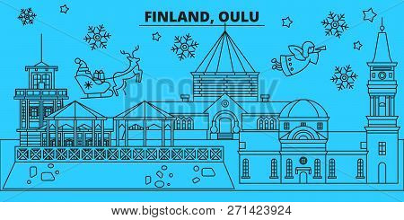 Finland, Oulu Winter Holidays Skyline. Merry Christmas, Happy New Year Decorated Banner With Santa C