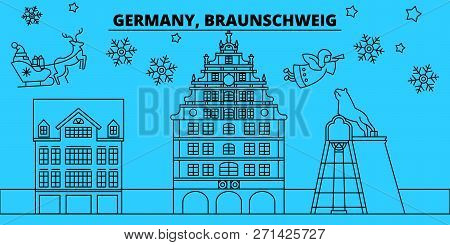 Germany, Braunschweig Winter Holidays Skyline. Merry Christmas, Happy New Year Decorated Banner With