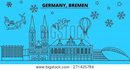 Germany, Bremen Winter Holidays Skyline. Merry Christmas, Happy New Year Decorated Banner With Santa