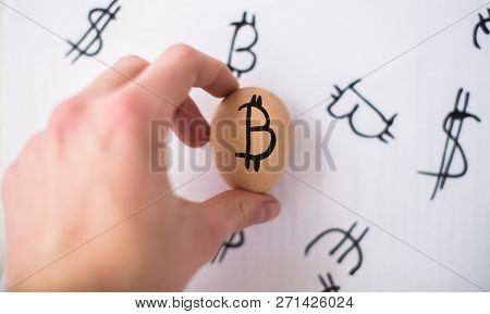 Egg With Logo Bitcoin In Hand. The Concept Of Crypto-currency.