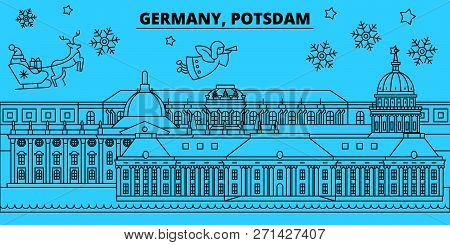 Germany, Potsdam Winter Holidays Skyline. Merry Christmas, Happy New Year Decorated Banner With Sant
