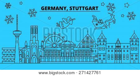 Germany, Stuttgart Winter Holidays Skyline. Merry Christmas, Happy New Year Decorated Banner With Sa