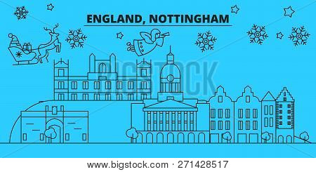 Great Britain, Nottingham Winter Holidays Skyline. Merry Christmas, Happy New Year Decorated Banner 