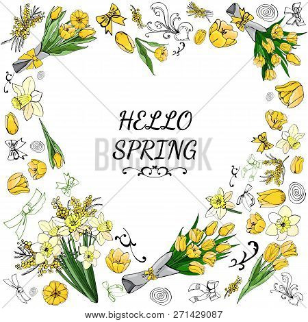Heart Made Of  Different Yellow And Green Floral Elements. Template For Greeting Card And Invitation