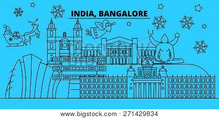 India, Bangalore Winter Holidays Skyline. Merry Christmas, Happy New Year Decorated Banner With Sant